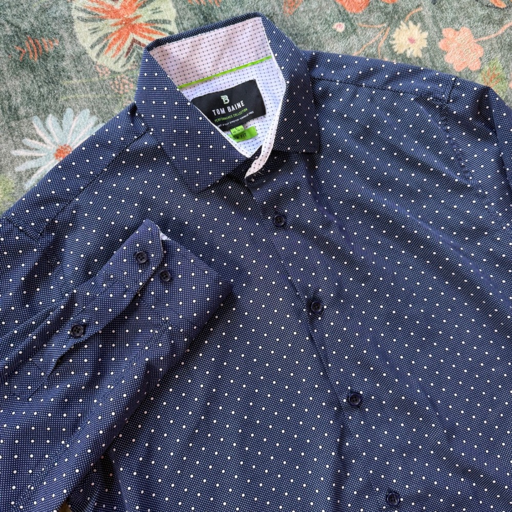 Tom Baine Performance Navy Polka Dot Slim Fit Stretch Dress Shirt Mens L 16-16.5